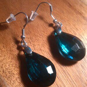 Simulated Emerald Silvertone and Stainless Steel Dangle Earrings